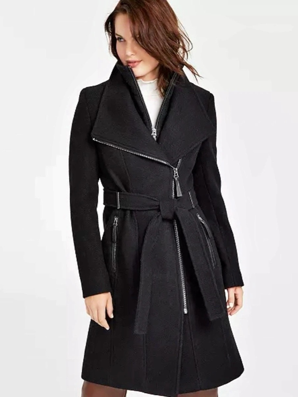 Calvin Klein Asymmetrical Belted Wrap Coat with Bib Black Medium